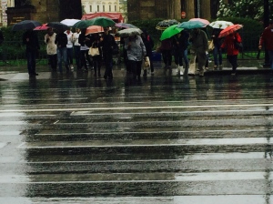 Array of bright umbrellas during St. Petersburg downpour